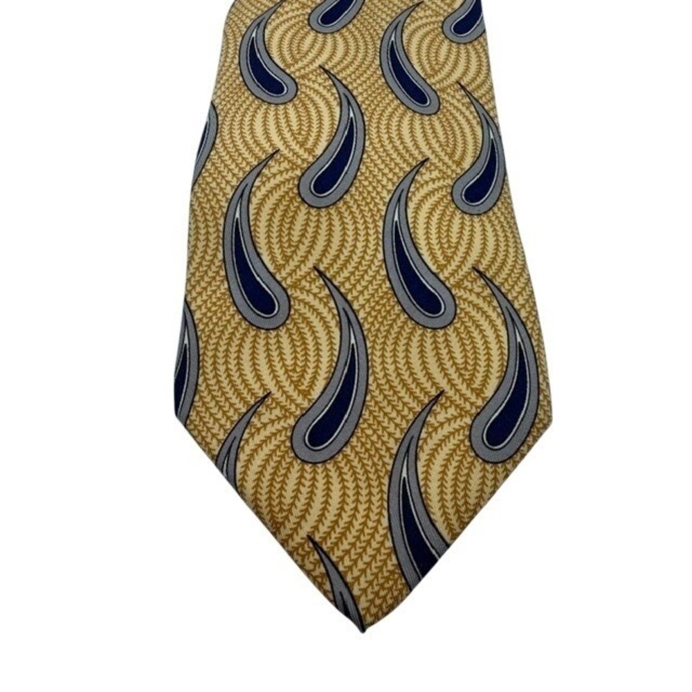 Roundtree & Yorke Mens Silk Tie‎ Gold Navy Paisley 4" Wide Hand Sewn USA 58"